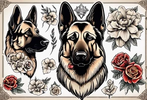 Sable German shepherd portrait with flowers tattoo idea
