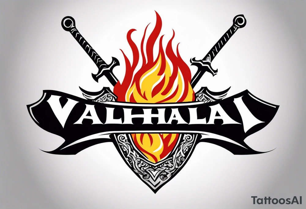 Valhalla on  fire shield sword tattoo idea