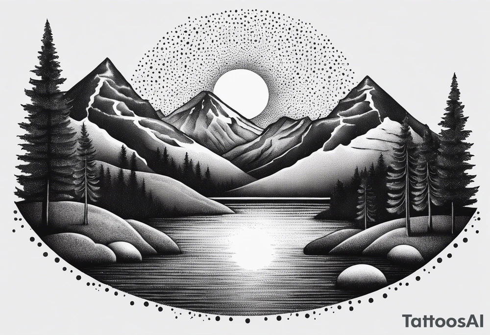 mountains, lake, yurt, sun, road tattoo idea