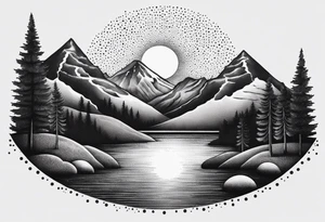 mountains, lake, yurt, sun, road tattoo idea
