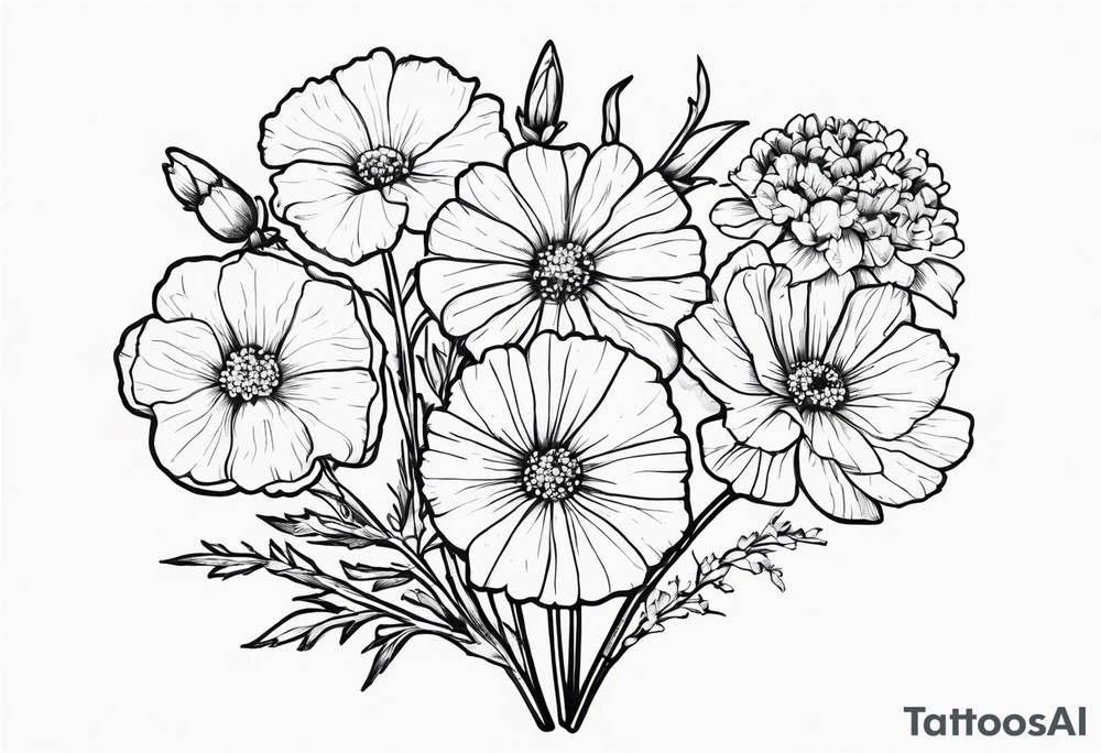 a simplistic bouquet of forget me not flowers, carnation flowers, and aster flowers with a stem that goes into the phrase “papa 09/17/52 - 01/17/24” tattoo idea