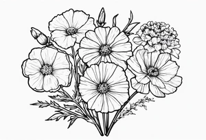 a simplistic bouquet of forget me not flowers, carnation flowers, and aster flowers with a stem that goes into the phrase “papa 09/17/52 - 01/17/24” tattoo idea