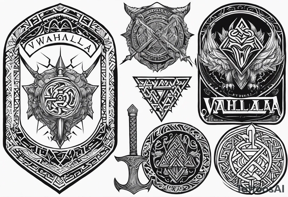 Valhalla sword shield dragon axe Valknut helm of awe tattoo idea Valhalla sword shield dragon axe Valknut helm of awe tattoo idea