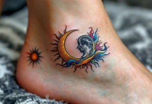 A golden sun and silver moon on each partner’s ankle represent balance and eternal connection. tattoo idea