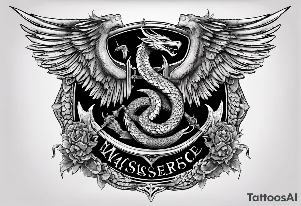A majestic, winged serpent coiled around a shield and sword, with the verse inscription woven into the design. tattoo idea
