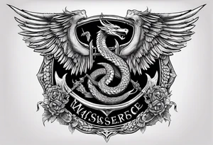 A majestic, winged serpent coiled around a shield and sword, with the verse inscription woven into the design. tattoo idea