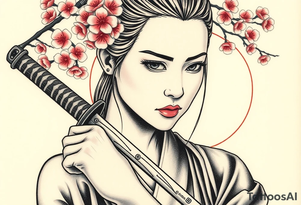 Beautiful female samurai holding a sword . Zoomed up on her face. Cherry blossoms and sunset in the background. tattoo idea