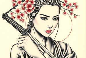 Beautiful female samurai holding a sword . Zoomed up on her face. Cherry blossoms and sunset in the background. tattoo idea