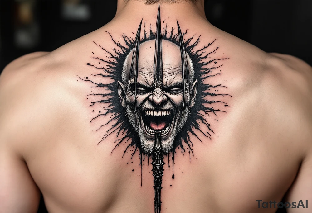 laughing man face behind trident tattoo idea