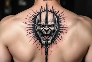laughing man face behind trident tattoo idea