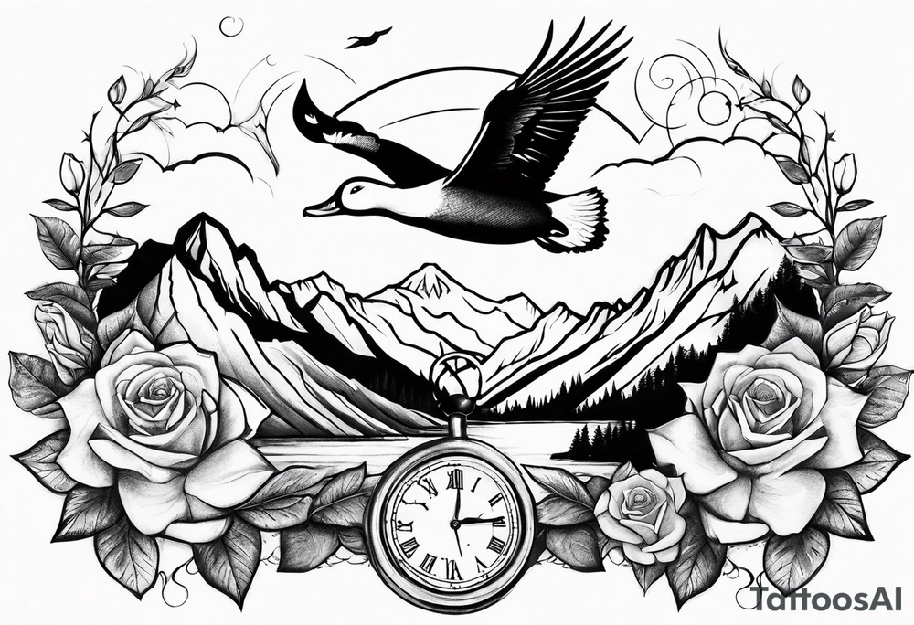 Mountains with clock and ducks flying with roses tattoo idea Mountains with clock and ducks flying with roses tattoo idea