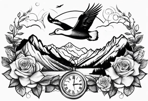 Mountains with clock and ducks flying with roses tattoo idea
