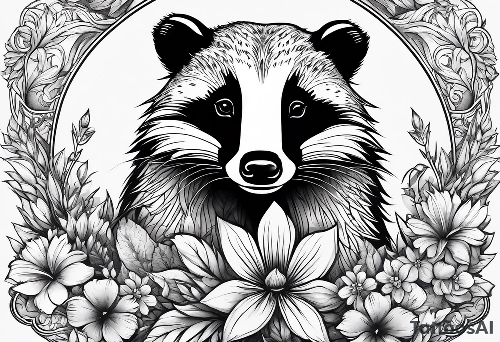 A badger with a cub in a field of flowers, realistic in center and getting more trippy towards the edges, open fireplace and a cannabis leaf included tattoo idea