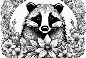 A badger with a cub in a field of flowers, realistic in center and getting more trippy towards the edges, open fireplace and a cannabis leaf included tattoo idea