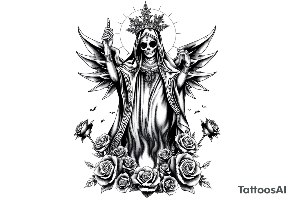 Powerful and evil Santa muerte rising from the flames and ashes of hell, surrounded by unclaimed souls and roses tattoo idea