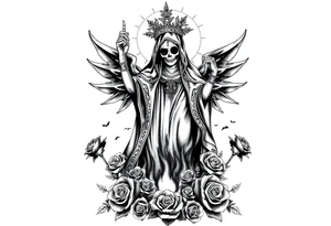 Powerful and evil Santa muerte rising from the flames and ashes of hell, surrounded by unclaimed souls and roses tattoo idea