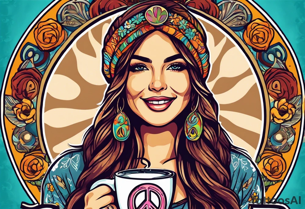 Groovy Coffee shop logo with hippie girl holding a peace sign on hand, peace sign on coffee mug tattoo idea