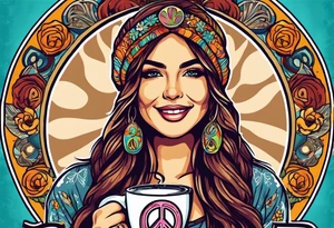 Groovy Coffee shop logo with hippie girl holding a peace sign on hand, peace sign on coffee mug tattoo idea