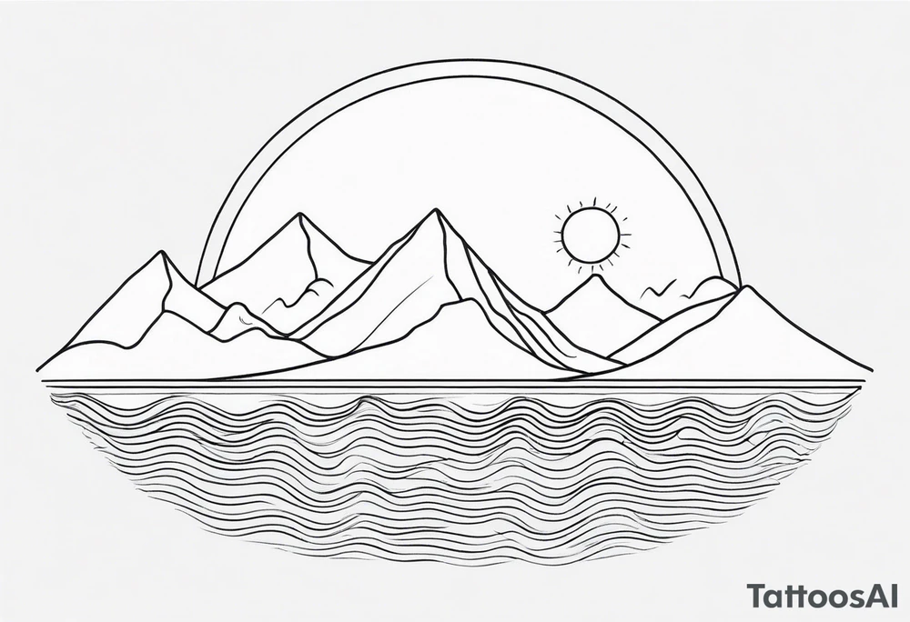 Line art minimalist sun mountain ocean simple one line tattoo idea