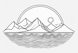 Line art minimalist sun mountain ocean simple one line tattoo idea