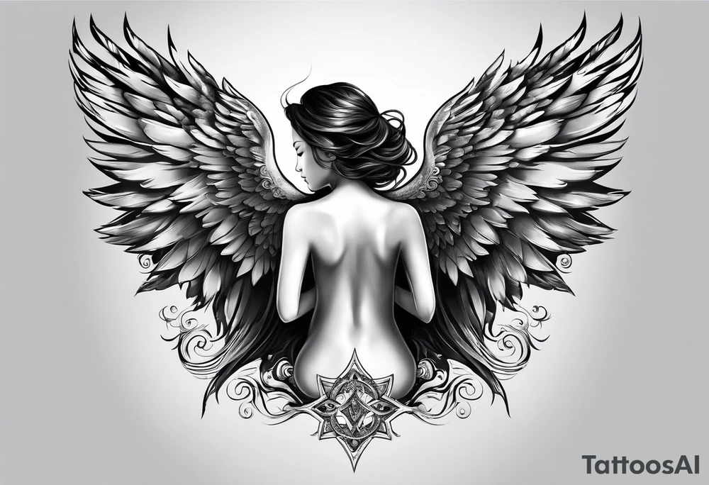 Angel who is meditating, one wing is an angelic angel wing, the other is a demon wing tattoo idea