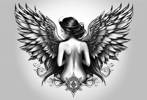 Angel who is meditating, one wing is an angelic angel wing, the other is a demon wing tattoo idea