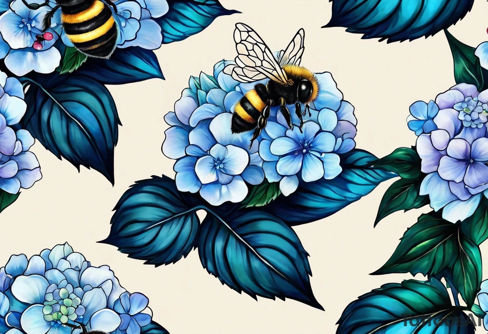 Small tattoo. There’s a hydrangea and a bee but they are not touching. Make the bee smaller than the hydrangea and have the bee off to the side. tattoo idea