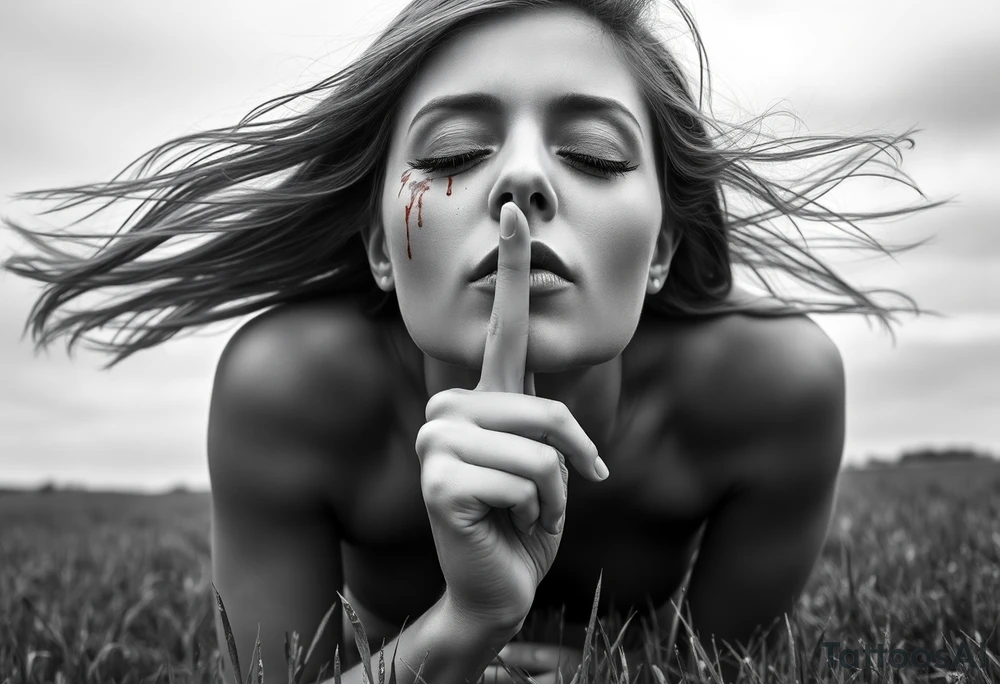 Theme: A powerful portrayal of the "See No Evil, Hear No Evil, Speak No Evil" concept, interpreted as a deliberate choice of selective perception and silence. The direct gaze and front-facing pose draw the viewer into her deliberate act of willful ignorance and secrecy.
Placement:  full front / full front thigh piece
Style realism black and grey).
Vibe: Striking,beautiful, and serene.
The Woman:
Pose: Kneeling on the grass, facing fully forward toward the viewer. The depiction will focus on her face, neck, upper chest, and torso.
Hair: Long hair flows forward and out to the sides, caught by the wind. It frames her face and shoulders.
Face - Eyes: Eyes are closed, emphasizing her active choice to close herself off.
Face - Nose/Mouth: A finger is held vertically to her lips in a "shush" or "don't speak" gesture, prominently visible centered on 
  Ears are seen bleeding and blood stains in the side in her left cheek 
Background/ Environment:
 Lush green grass where she is kneeling, at the very bottom of the composition.
Flowers roses and Beautiful  plumeria flowers bloom around her kneeling form,  framing her hips or flowing near the grass line. As the sun is setting 
Butterflies: Different sized butterflies flutter in the space around her chest and hair, adding organic movement.
Essential References & Inspiration
Examples of hair blowing forward in the wind, framing the face and chest.
Specific examples of the "shush" finger-to-lips pose from a front angle.
 pink plumeria and various butterflies. tattoo idea