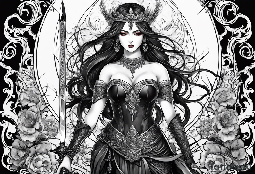 the goddess nemesis sword scary blood hell tattoo idea