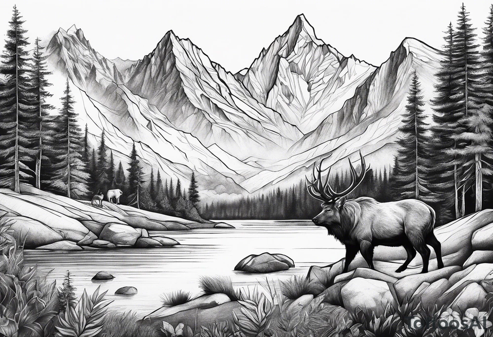 Mountains, animals, concept tattoo idea
