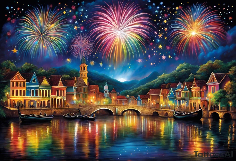 Fireworks burst across the night sky, surrounded by glowing candles and stars, capturing the magic and nostalgia of Colombian December nights. The scene is vibrant with multi-colored lights and an air of celebration. Soft linework mist or halos around the fireworks adds a magical, dreamy quality to the scene. The tattoo reflects joy and tradition, with an emphasis on warmth and festivity. tattoo idea