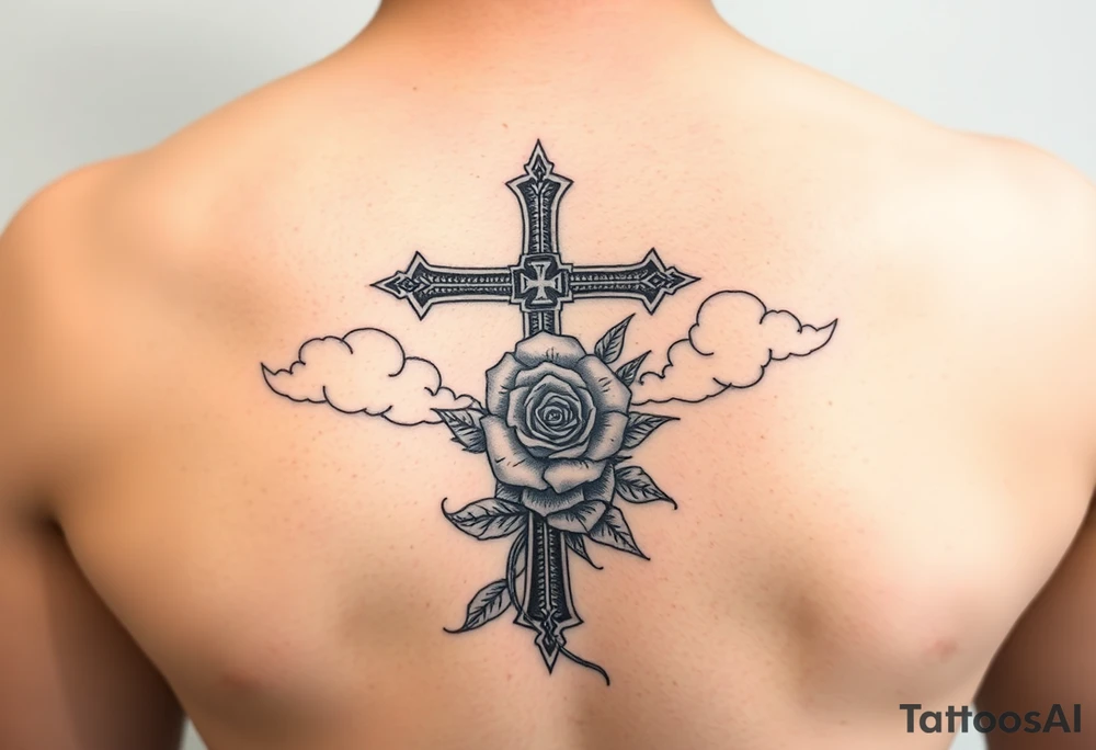 orthodox cross , palm , rose , clouds tattoo idea