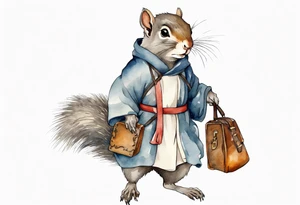 medieval grey squirrel in robe carrying a large satchel tattoo idea