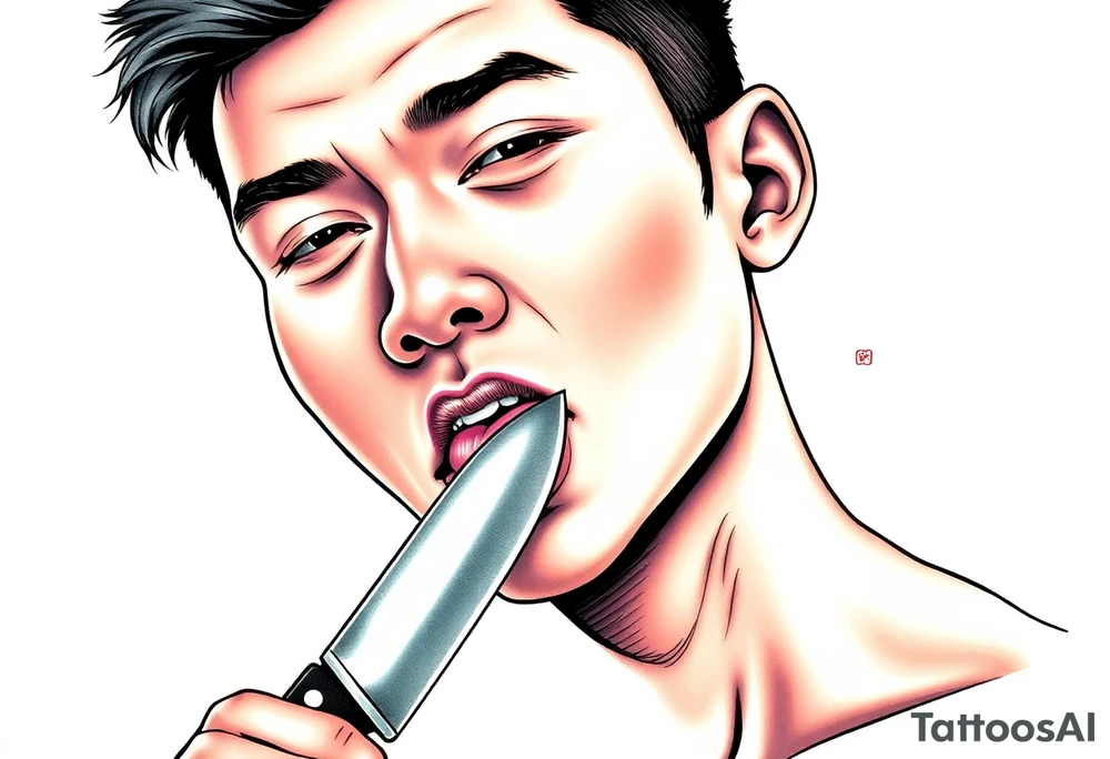 Handsome Asian young guy is licking a knife tattoo idea