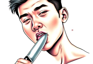 Handsome Asian young guy is licking a knife tattoo idea