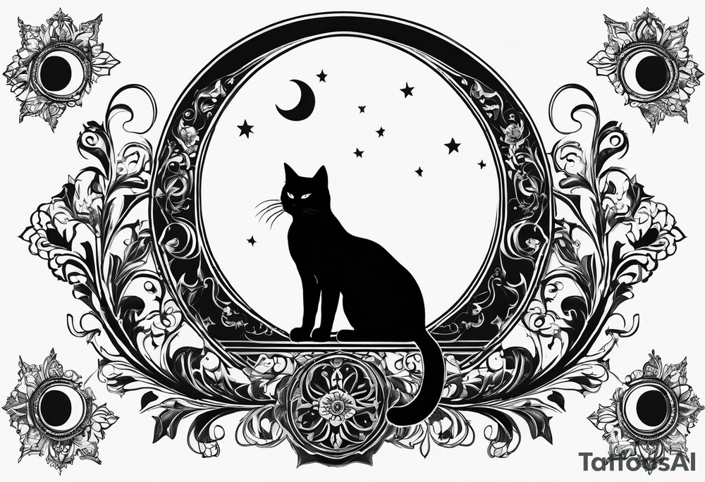 silhouette of full body black cat sitting on outline of crescent moon tattoo idea