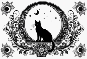 silhouette of full body black cat sitting on outline of crescent moon tattoo idea