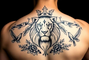 powerful majestic lion with a crown, surrounded by floral ornaments and birds tattoo idea