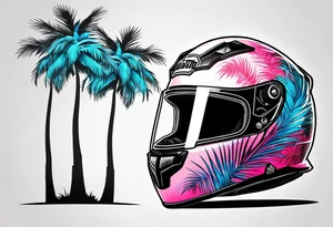 Formula 1 helment with a palm tree and black pink and light blue color tattoo idea