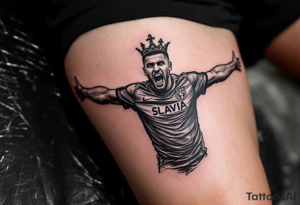 A stylized player tattoo, arms outstretched like a cross, in full Slavia gear with a crown above the crest. tattoo idea