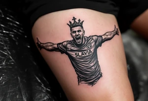 A stylized player tattoo, arms outstretched like a cross, in full Slavia gear with a crown above the crest. tattoo idea