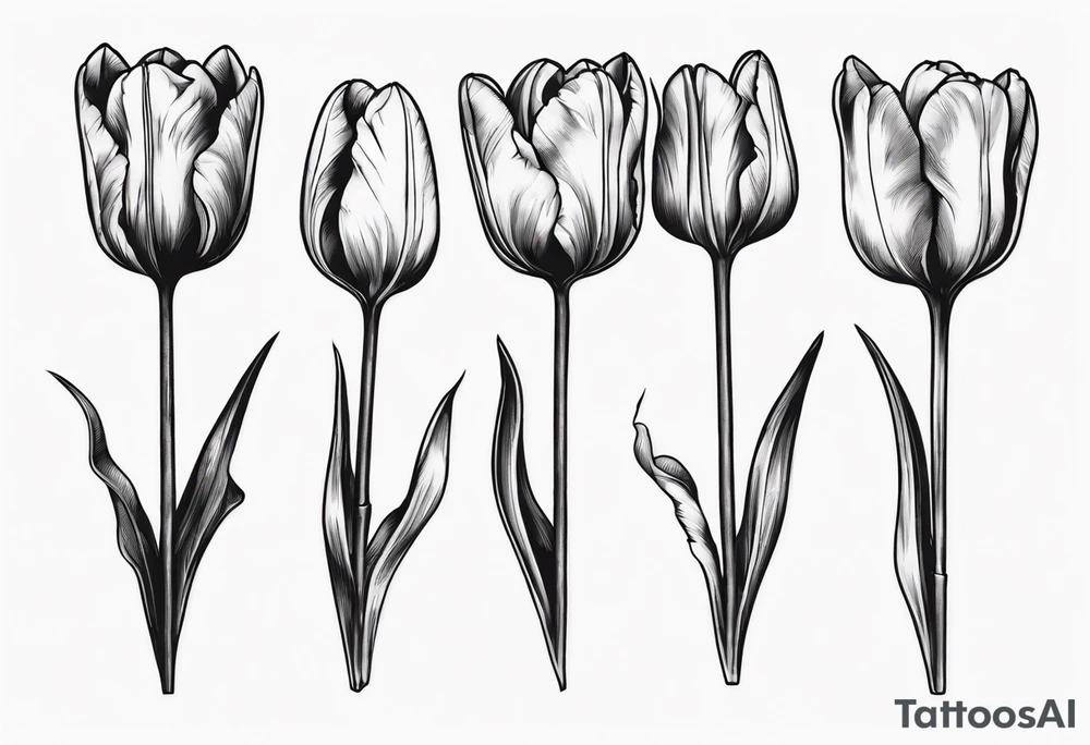 bunch of three tulips, one tulip with decay, one perfect tulip and one closed tulip, stem reflecting symbol of russian orthodox cross tattoo idea