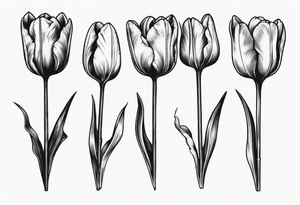 bunch of three tulips, one tulip with decay, one perfect tulip and one closed tulip, stem reflecting symbol of russian orthodox cross tattoo idea