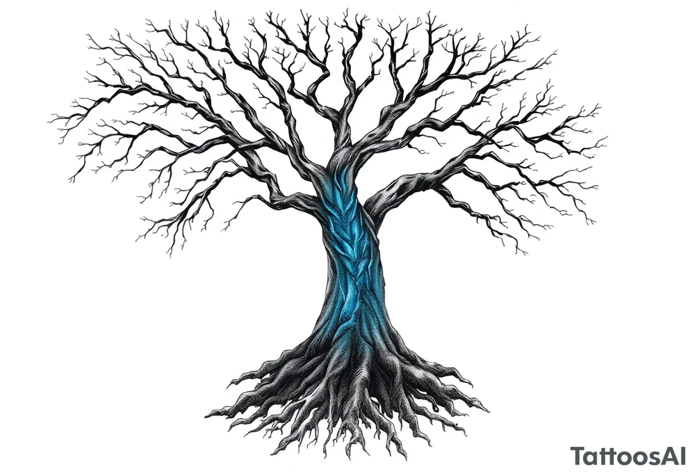 Black and white Tree with roots. Blue water inside the whole tree like veins tattoo idea