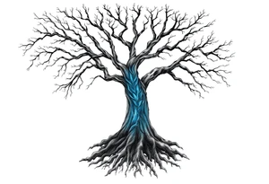 Black and white Tree with roots. Blue water inside the whole tree like veins tattoo idea