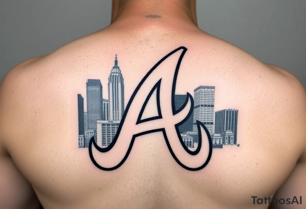 Atlanta Braves letter logo “A” overlapping the Atlanta skyline in the back going upward. The buildings are concise and jam packed parallel to the logo. tattoo idea