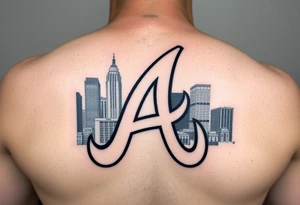 Atlanta Braves letter logo “A” overlapping the Atlanta skyline in the back going upward. The buildings are concise and jam packed parallel to the logo. tattoo idea
