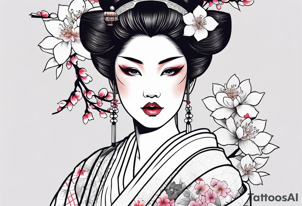 Japanese geisha with ox and sakura flowers tattoo idea
