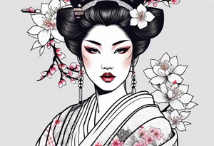 Japanese geisha with ox and sakura flowers tattoo idea