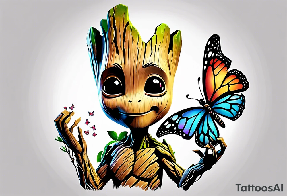 Disney guardians of the galaxy baby groot holding a butterfly tattoo idea